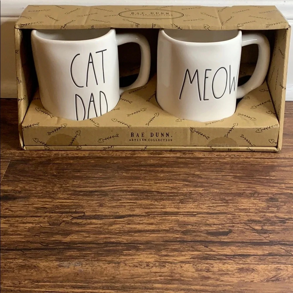 Rae Dunn Mugs Ceramic CAT DAD & MEOW Set New